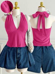 Comfortcana 加大码夏季度假风格针织 V 领细肩带吊带背心 - 玫紅色 - 查看 2