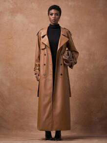 Zivah Áo khoác dài bằng da PU ve ve thời trang mới thu đông 2025 có túi, màu nâu, thường ngày, thích hợp mặc hàng ngày, dạo phố, đi làm, lễ hội âm nhạc, tốt nghiệp, sinh viên, ngày lễ, bãi biển - màu nâu - Xem 4