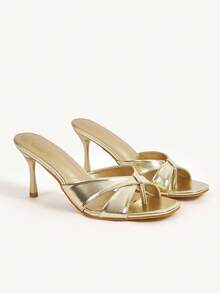 CUCCOO CHICEST Women's Fashion Square Toe Gold Thong Stiletto Heel Evening Party Slip-On Sandals - Gold - View 2