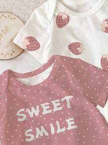 SHEIN New Born Baby Strawberry And Polka Dot Letter Print Short Sleeve Jumpsuit, Suitable For Summer Graphic - Multicolor - View 3