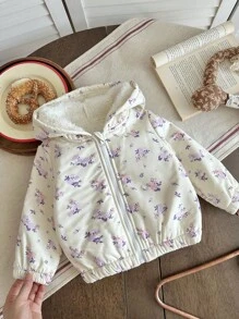 SHEIN Baby Girls Toddlers 0-3 Yrs Casual Hooded Fluffy Ditsy Floral Outerwear, Warm For Autumn/Winter Fall - Apricot - View 9