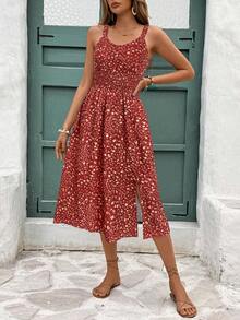 SHEIN Frenchy Damen Midi-Kleid mit Schlitz an der Seite und ärmellos mit winzigem Blumenmuster, geeignet für den Urlaub - Rot - Übersicht 6