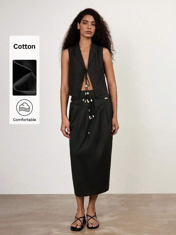 SHEIN Maija 2025 Summer New Rope Seashell Decoration Bowknot Waist Ruffle Hem Bohemian Skirt, Suitable For Vacation, Music Festival, Beach, Casual, Romantic, Suitable For Outing, Party, Wedding Guest, Vintage Style, Graduation Season