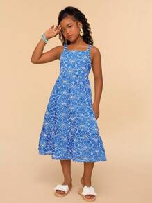 SHEIN Tween Girls Vacation Floral Embroidery Ruffle Hem Spaghetti Strap Dress - Blue - View 4