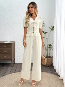 SHEIN LUNE 2pcs Women's Casual Shell Trim Tie Front Shirt And Pants Setvacation Outfits Womanbohoteacher Outfitsboho Women Clothinggoing Out Outfitsvacation Two Pieces Setgoing Outcasual Women Outfits Bohemian Clothes For Women - Apricot - View 5