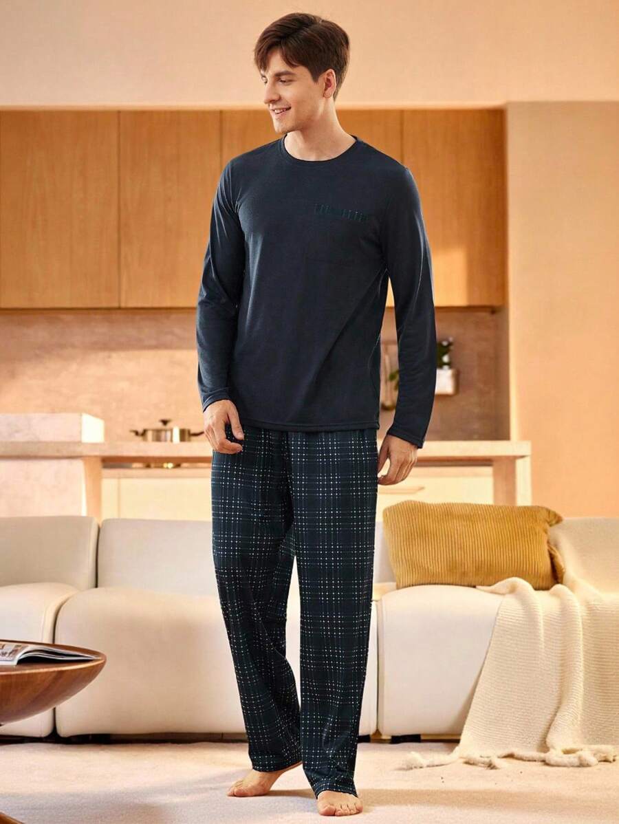 男士抽绳圆领长袖休闲上衣和裤子家居服套装 - 藏蓝色 - 查看 1