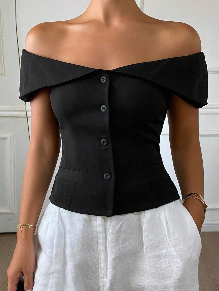 Livesso Women's Elegant Off-Shoulder Solid Color Blouse For Commuting, Summer Going Out Tops - Black - View 1