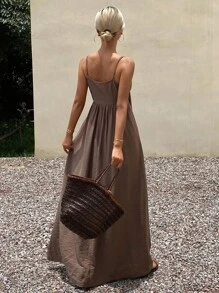 Livesso 女式夏季休闲纯色系带长裙 - 咖啡 - 查看 2