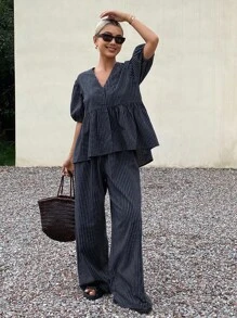 Livesso 2件套女士条纹泡泡袖V领宽松休闲夏季连体裤 - 藏蓝色 - 查看 5