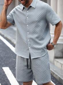 Manfinity Homme Plus Size Men Summer Casual Textured Shirt And Shorts Suit - Blue - View 6
