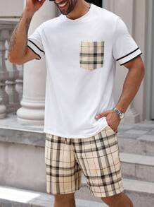 Manfinity Homme Plus Size Men's Plaid Pocket Short Sleeve T-Shirt And Drawstring Waist Shorts Casual Suit - Multicolor - View 4