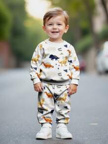 SHEIN White,Autumn,Cute,Vacation Baby Boy Casual Loose Soft Knit Sweatsuit,Cartoon Tyrannosaurus Rex Dinosaur Family Outing Crew Neck Party Winter Suit - Multicolor - View 1