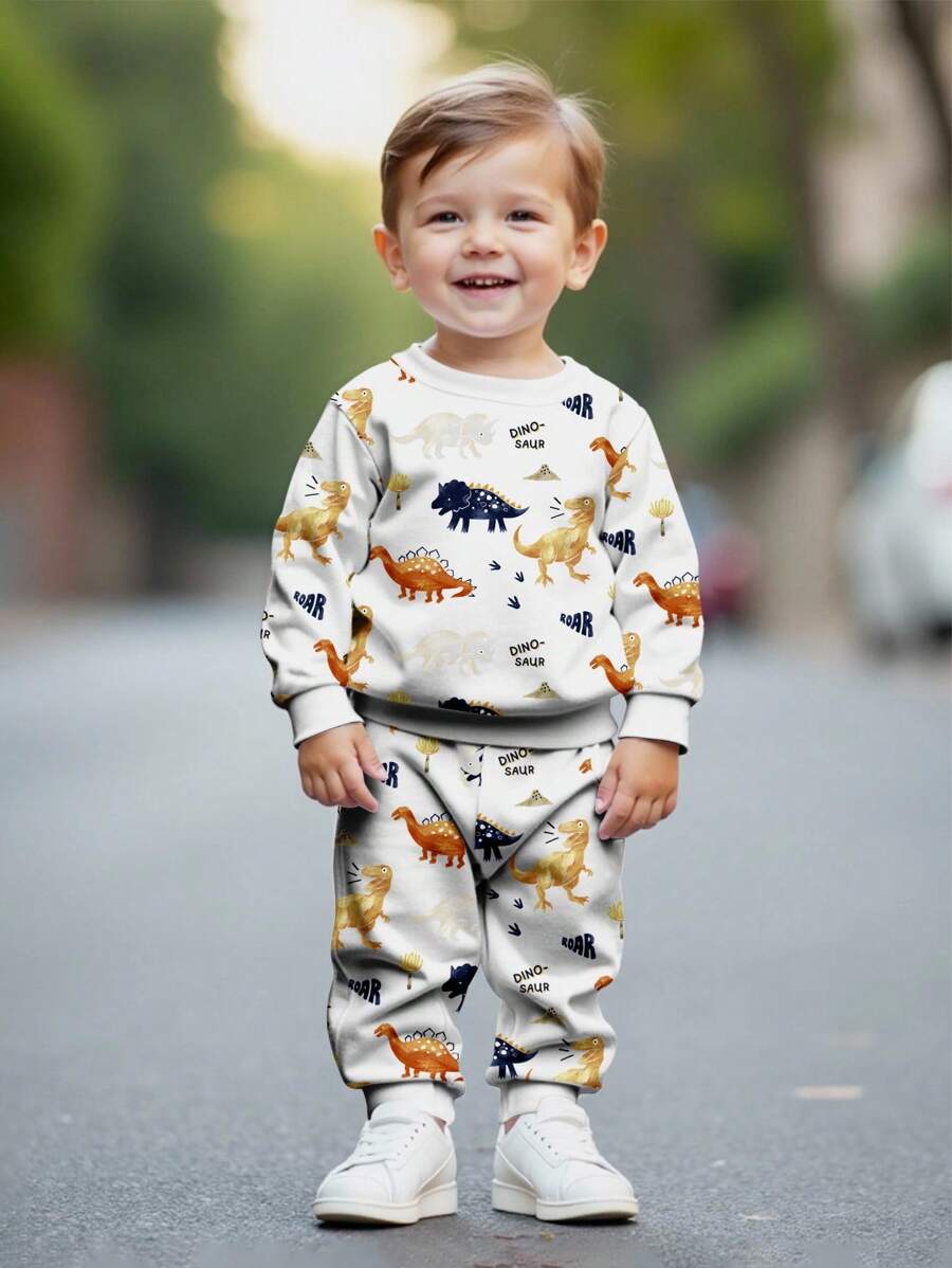 SHEIN White,Autumn,Cute,Vacation Baby Boy Casual Loose Soft Knit Sweatsuit,Cartoon Tyrannosaurus Rex Dinosaur Family Outing Crew Neck Party Winter Suit - Multicolor - View 1