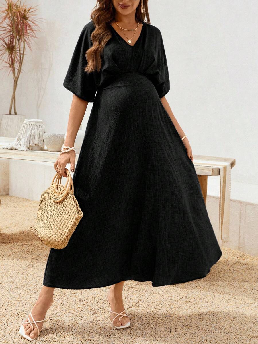 SHEIN 孕妇V领蝙蝠袖休闲连衣裙 - 黑色 - 查看 1