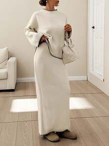 EURMUSE Women Stitch Detailed Round Neck Drop Shoulder Pullover & Sweater Skirt Set Cream Two Piece Set Beige Two Piece Set Elegant Two Piece Set Comfortable Two Piece Set Knit Two Piece Set,Petite,Winter Clothes - Beige - View 2