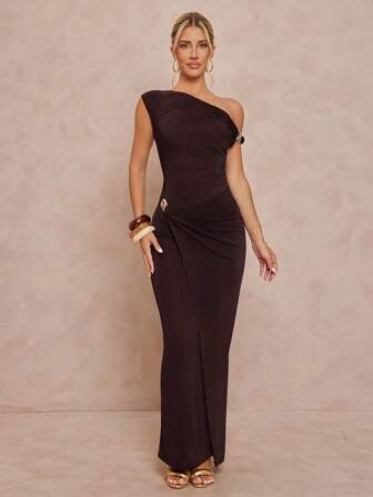 Lumalex Fall Modest Old Money Coquette Glitter Holiday Party Thanksgiving Outfit Rave Festival Outing  Swim Vacation Bohemian BOHO Sea Beach Hot Outdoor Richly Layered Wedding Season Banquet Coming Of Age Ceremony Beach Seaside Women's Asymmetrical Asymmetrical Neck Metal Decor Waist Fitted Dress One Shoulder Dress Long Bodycon Dress Maxi Dress Elegant Dress,Fall Wedding Guest Dress