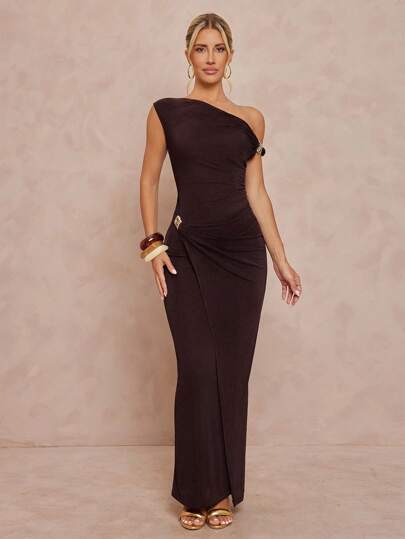 Lumalex Fall Modest Old Money Coquette Glitter Holiday Party Thanksgiving Outfit Rave Festival Outing  Swim Vacation Bohemian BOHO Sea Beach Hot Outdoor Richly Layered Wedding Season Banquet Coming Of Age Ceremony Beach Seaside Women's Asymmetrical Asymmetrical Neck Metal Decor Waist Fitted Dress One Shoulder Dress Long Bodycon Dress Maxi Dress Elegant Dress,Fall Wedding Guest Dress