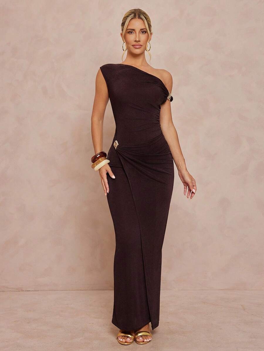 Lumalex Trang phục mùa thu giản dị, sang trọng, lấp lánh, dự tiệc Lễ Tạ ơn, lễ hội âm nhạc, đi chơi, bơi lội, nghỉ mát, phong cách Bohemian, BOHO, biển, ngoài trời, tiệc cưới nhiều lớp, lễ trưởng thành, bãi biển, đầm nữ bất đối xứng, cổ bất đối xứng, trang trí kim loại, eo ôm sát, đầm hở vai, đầm dài ôm sát, đầm maxi, đầm thanh lịch, đầm dự tiệc cưới mùa thu. - màu nâu - Xem 1