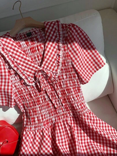 Comfortcana 女士优雅彼得潘领蝴蝶结荷叶边迷你连衣裙