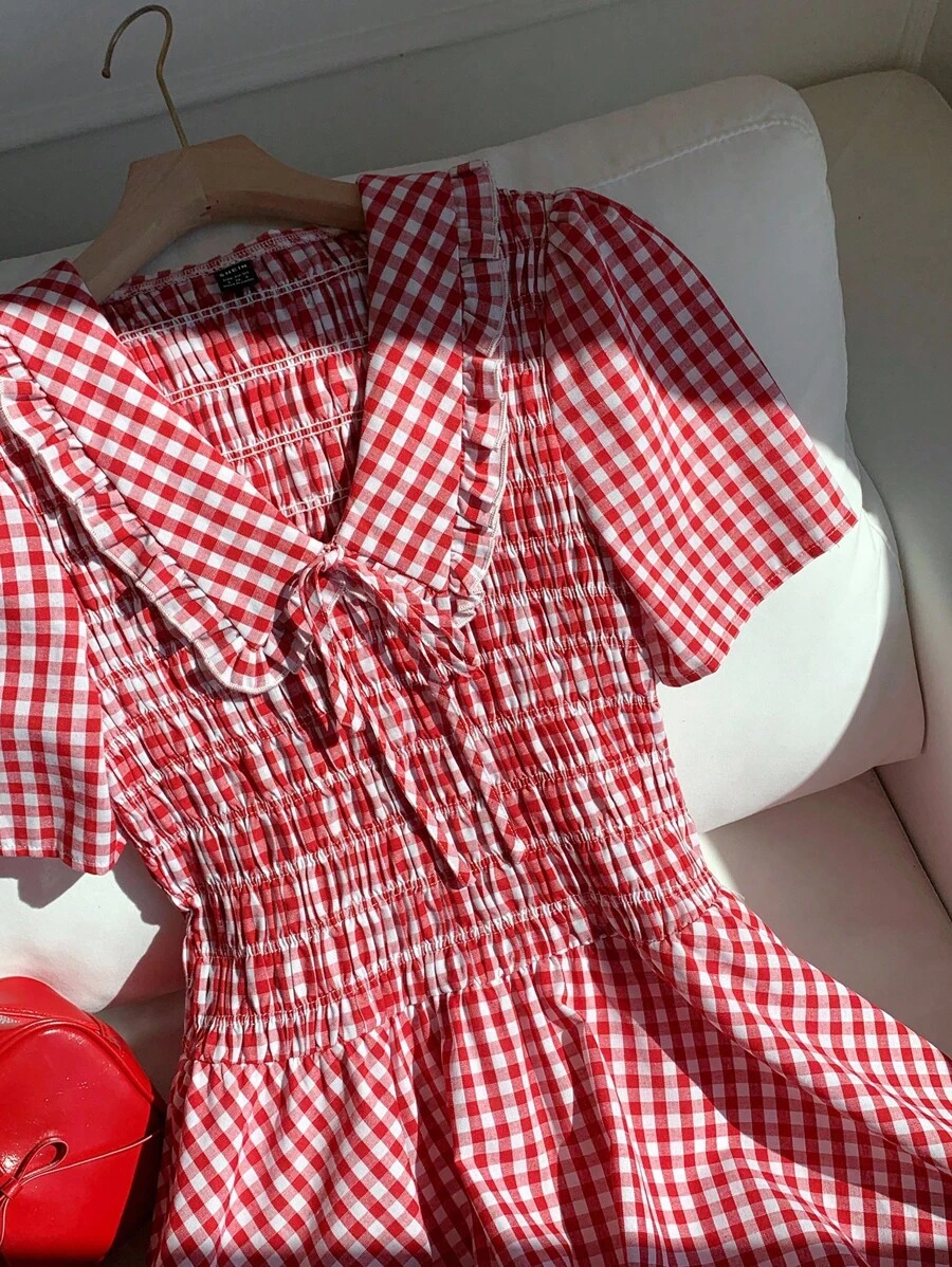 Comfortcana 女士优雅彼得潘领蝴蝶结荷叶边迷你连衣裙 - 紅白色 - 查看 1