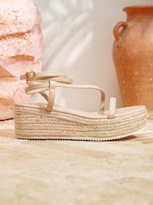 Styleloop Women's Woven Rope Platform Wedge Sandals, Vacation Style BOHO Chic Retro American Western Music Festival Party Outfit For Christmas Valentine's Day Holiday Travel Essential Boho Cowgirl Outfit - Apricot - View 8