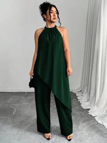 Elenzga Casual Plus Size Halter Jumpsuit With Asymmetrical Knot Design And Flowy Full-Length Style - Dark Green - View 3
