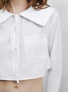 Maija 女式白色小巧水手领设计衬衫，优雅都市百搭柔软宽松领口蝴蝶结装饰，盒形轮廓搭配蝴蝶结袖，前开口，适合度假、商务、休闲和音乐节穿着 - 白色 - 查看 4