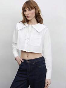 Maija 女式白色小巧水手领设计衬衫，优雅都市百搭柔软宽松领口蝴蝶结装饰，盒形轮廓搭配蝴蝶结袖，前开口，适合度假、商务、休闲和音乐节穿着 - 白色 - 查看 7
