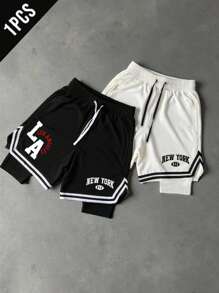 Manfinity Sport Corelite Pantalones cortos deportivos con estampado de rayas y letras en contraste para hombre