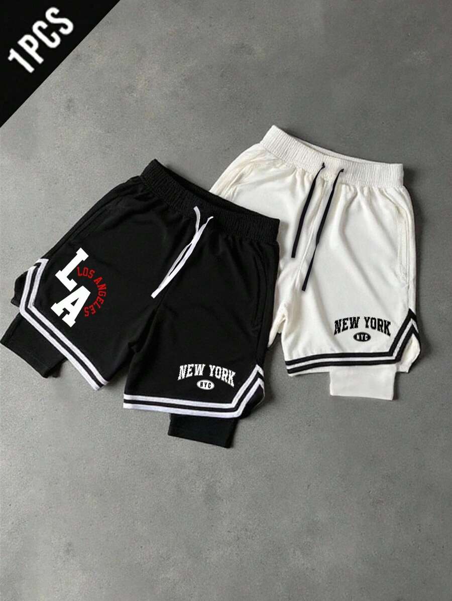 Manfinity Sport Corelite Pantalones cortos deportivos con estampado de rayas y letras en contraste para hombre