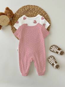 SHEIN New Born Baby Strawberry And Polka Dot Letter Print Short Sleeve Jumpsuit, Suitable For Summer Graphic - Multicolor - View 2