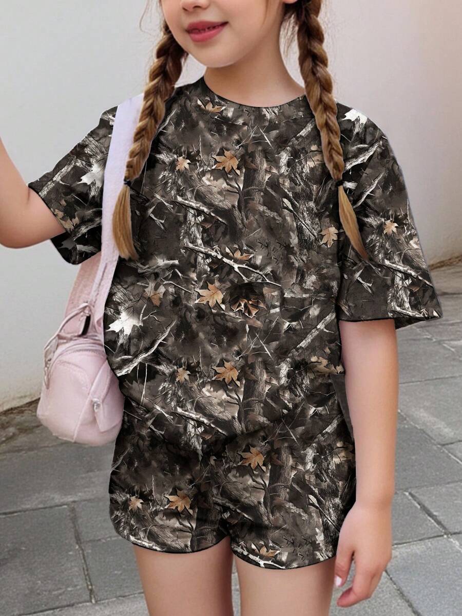 SHEIN 青少年女孩休闲简约短袖上衣和短裤两件套,适合夏季 - 彩色 - 查看 1