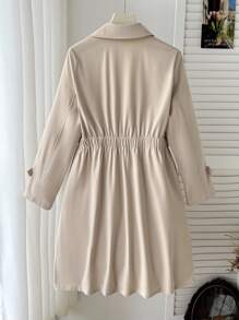 SHEIN Jaket Trench Coat Panjang Berkerah Warna Polos Longgar Kasual untuk Anak Perempuan Remaja, Warna Beige, Mantel Lucu, Pakaian Musim Gugur/Dingin - Khaki - View 2