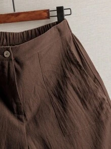 SHEIN LUNE 女士夏季休闲纯色亚麻短裤 - 咖啡棕 - 查看 4