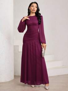 Veilorie Elegant Solid Color Lantern Sleeve Ruched Bodycon Dress - Hot Pink - View 7