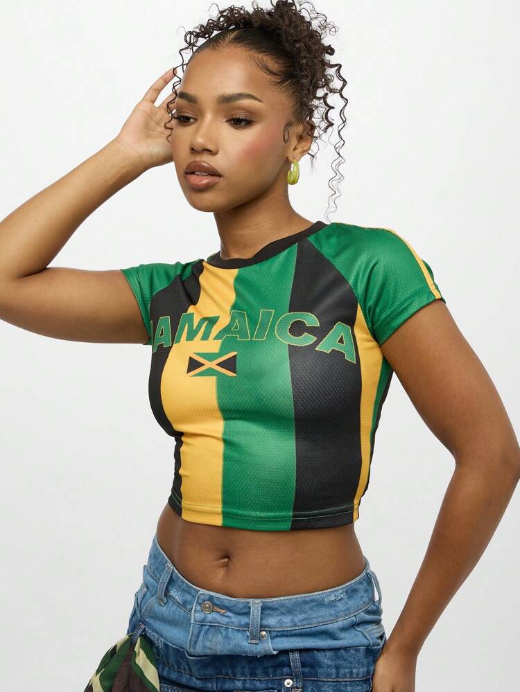 SUMWON WOMEN Jamaican Flag Raglan Crop Top With National Colors