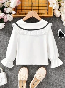 女童蕾丝边蝴蝶结设计长袖衬衫，优雅舒适 - 白色 - 查看 2