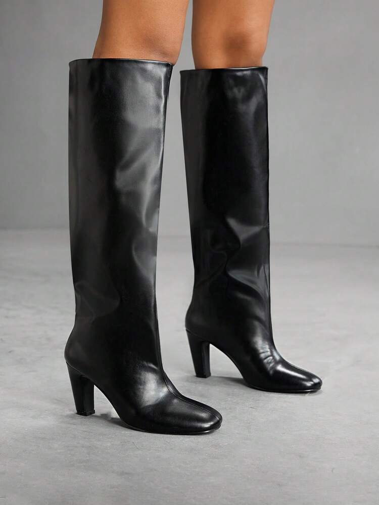 CUCCOO SZL Women's Thick Heel Round Toe Fashion High Boots, Black Leather, Suitable For Party And Work, Comfortable