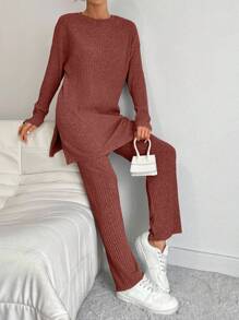 EURMUSE 100%Cotton Drop Shoulder Split Hem Tee & Pants - Dusty Pink - View 3