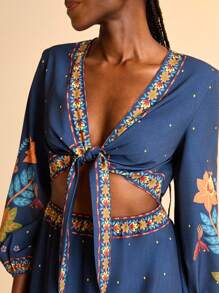 CAJUNI Đầm Maxi Dài Tay Dài In Hoa Nhiệt Đới Màu Xanh Dương Cho Kỳ Nghỉ Dành Cho Nữ, Cổ Chữ V Thắt Nút Xoắn, Tay Dài, Eo Rỗng, Kỳ Nghỉ Hè, Váy Cho Nữ, Váy Mùa Hè Cho Nữ, Váy Mùa Hè, Váy Cho Nữ Thanh Lịch, Váy Mùa Hè - Nhiều màu - Xem 8