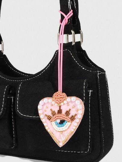 1pc Handmade Gothic Style Pink Studded Devil's Eye Heart Pendant, Bag Charm Decoration
