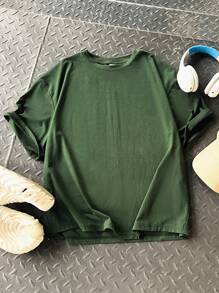 SHEIN Camiseta de manga corta con gráfico de texto para adolescentes y jóvenes, cómoda camiseta de cuello redondo de color liso para ir y venir, escuela, diario, vacaciones, deportes, fiesta, primavera/verano - Verde militar - Ver 4