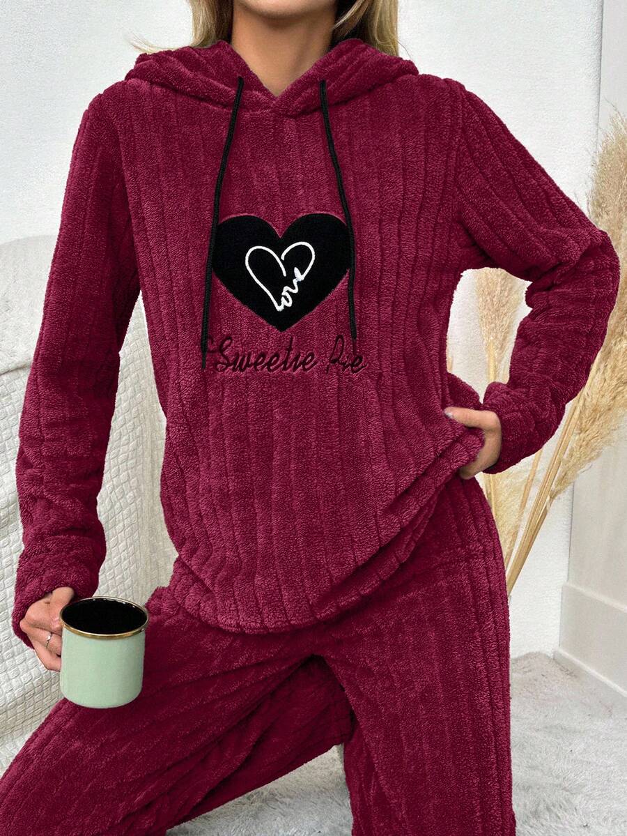 EURMUSE Women's Autumn/Winter Warm Heart & Letter Embroidered Drawstring Hoodie Sleepwear Top - Burgundy - View 1