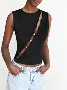 Maija Women's Black Sleeveless Metal Decor Modern Urban Casual Comfortable Fitted Round Neck Top With Metal Mushroom Button Accent, Versatile For All Season, Office, Business Casual, Urban Commute, Magazine Editor Favorite
