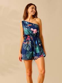 CAJUNI 女式休闲夏季褶皱腰无袖印花连体衣 - 黑色 - 查看 5