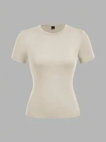 SHEIN EZwear 3件套女士休闲紧身长袖圆领T恤套装，颜色：深棕色、卡其色、浅杏色，适合夏季