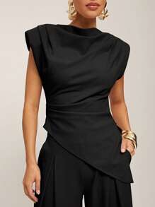 Silquee Women's Casual Solid Color Asymmetric Hem Wide Shoulder Top, Suitable For Work, Summer, Black Sleeveless Top Women Black Top Draped Top Classy Black Top Black Cowl Neck Top