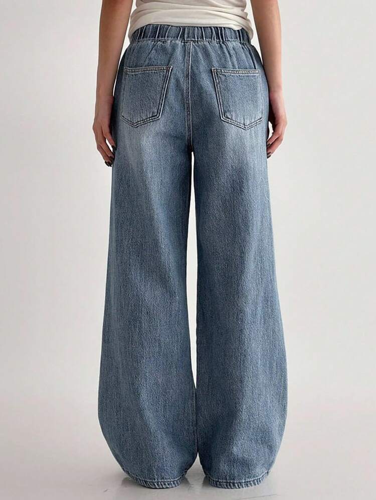 Stylish High Waist Drawstring Wide Leg Loose Fit Denim Jeans For Women