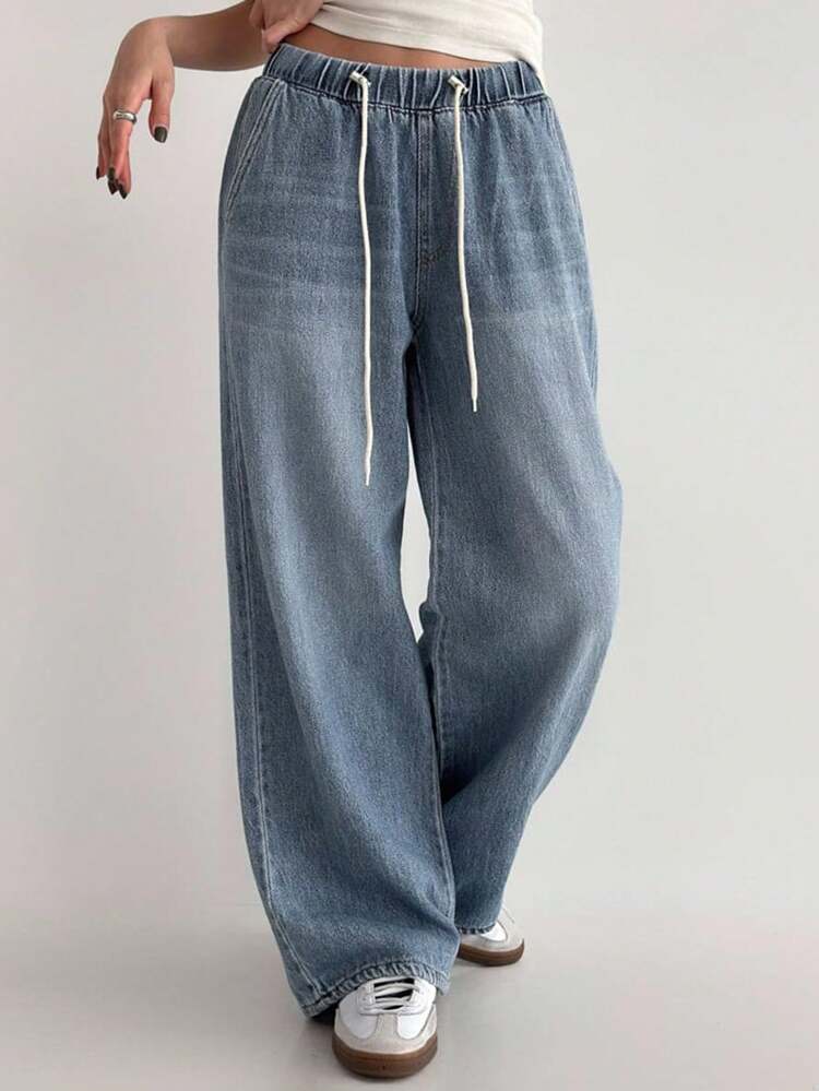 Stylish High Waist Drawstring Wide Leg Loose Fit Denim Jeans For Women