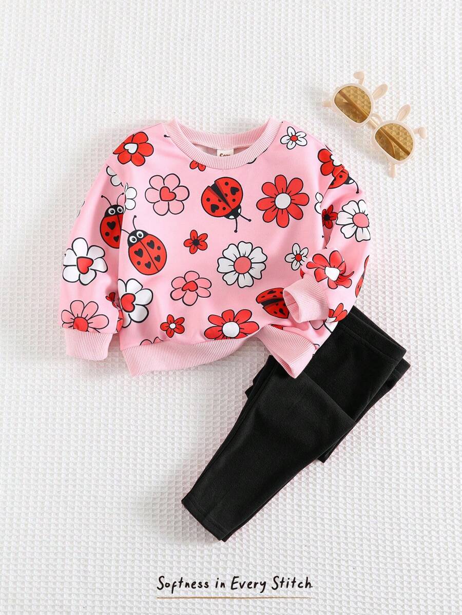 Cozy Pixies 女婴情人节卡通红心瓢虫花卉图案七星瓢虫针织柔软圆领长袖套头衫和松紧腰打底裤两件套，红色撞色